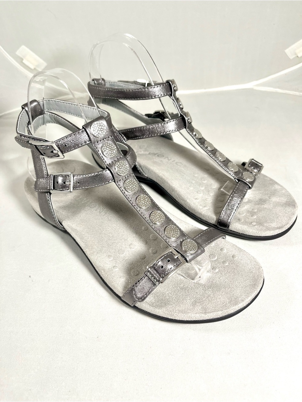 Vionic Hailey Pewter T-Strap Sandals Adjustable Orthotic Comfort Size 7